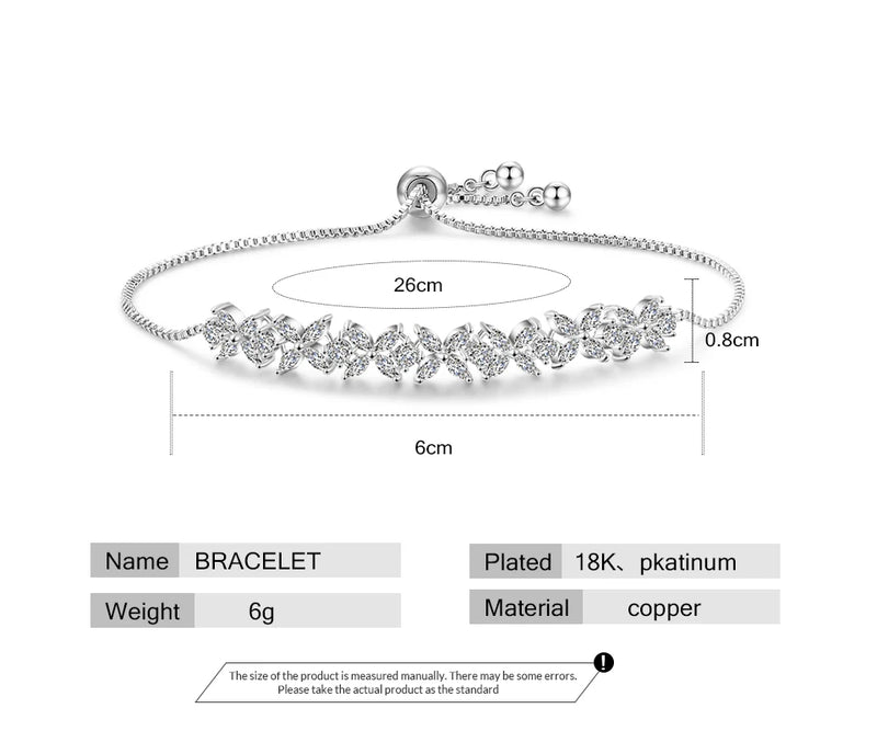 Classic Shiny Clear Zircon Flowers Adjustable Charm Bracelets for Women Sliver Color Fashion Wedding Jewelry