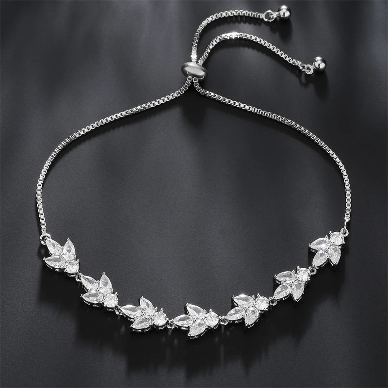 Classic Shiny Clear Zircon Flowers Adjustable Charm Bracelets for Women Sliver Color Fashion Wedding Jewelry